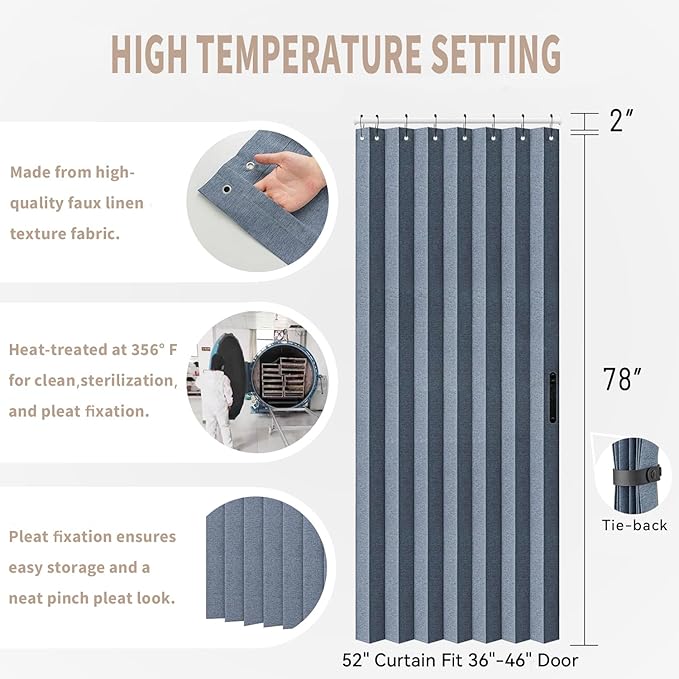 Vatge Door Curtains for Doorways - Faux Linen Accordion Style Doors Curtains for Open Closet, Bedroom, and Laundry Room, Bifold Door Cover for Doorway,1 Panel with Tieback, W52 x L78, Blue