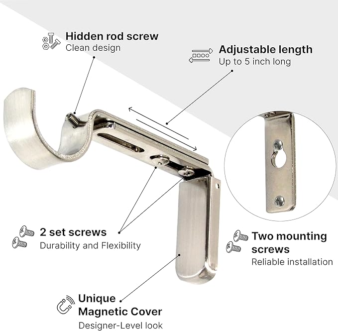 Adjustable Curtain Rod Brackets for Wall with Magnetic Cover, 5 inch Long Heavy Duty Curtain Rod Holders Extended Brackets, Window Hardware Holders Adjustable Mounting Support Brushed Nickel Set of 2