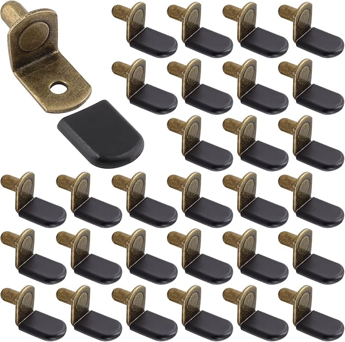 Biaungdo 30 Pcs Shelf Support Pegs, 1/4 Inch L-Shaped Clips with Rubber Sleeve, Cabinet Shelf Support Pegs for Bookshelves Glass Corner Shelf Cabinet Furniture, Bronze Tone