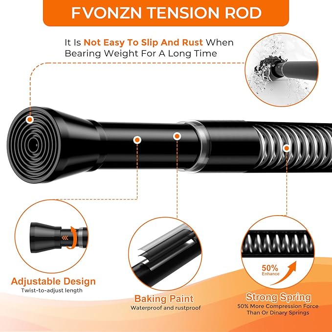 2Pack Tension Curtain Rod for Window 30 to 64 Inch 7/8" Diameter Adjustable Spring Loaded Curtain Rods No Drilling Black Tension Rods for Doorway Closet Door Kitchen Bathroom