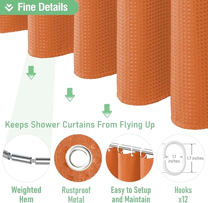 Dynamene Long Fabric Shower Curtain - 78 inch Long Waffle Weave Weighted Cloth Shower Curtains for Bathroom, Neutral Heavy Duty Hotel Spa Luxury Bath Curtain Set with 12 Hooks, 72x78, Burnt Orange
