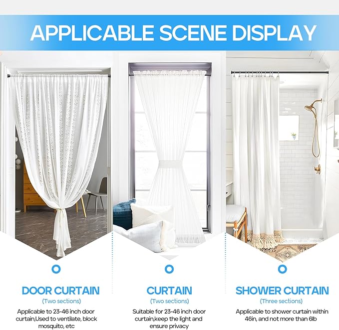 1pack Spring Tension Rods 23-46 Inch Adjustable Black Tension Rod Spring Curtain Rod Extendable Spring Loaded Curtain Rods Tension Rod for Curtains,Closet,Kitchen