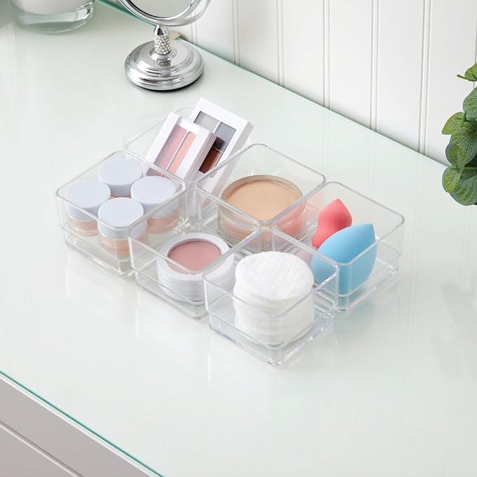 STORi SimpleSort 6-Piece Stackable Clear Drawer Organizer Set | 3" x 3" x 2" Square Trays | Small Makeup Vanity Storage Bins and Office Desk Drawer Dividers | Made in USA