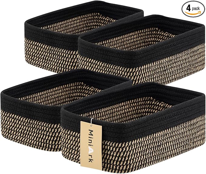 MiniArk Small Storage Baskets for Organizing | Closet Organizer Bins | Shelf Toy Basket | Woven Rope Baskets | Cube Decorative Box | Shallow Basket | 11.5x7.5x4.7” | 4 Packs Black Brown