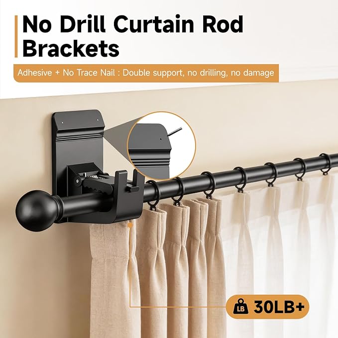 Universal Heavy Duty Curtain Rod Brackets, No Drill Curtain Rod Brackets with Adhesive & Invisible Nail, 30+LB Load Curtain Rod Holders, Damage Free Curtain Rod Hooks for Wall, Bathroom, Kitchen 8PC