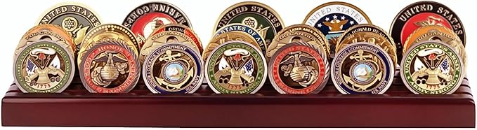 DisplayGifts Challenge Coin Display Stand, 4 Row Wooden Holder Rack Case (Mahogany - Style 2 -4 Rows)