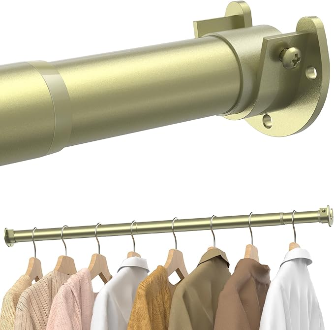Closet Rods for Hanging Clothes, 17 to 84 Inches Stepless Adjustable Metal Closet Rod, 1.3 Inches Heavy Duty Clothes Hanging Rod for Closet Wardrobes Laundry RV, Verdant Gold