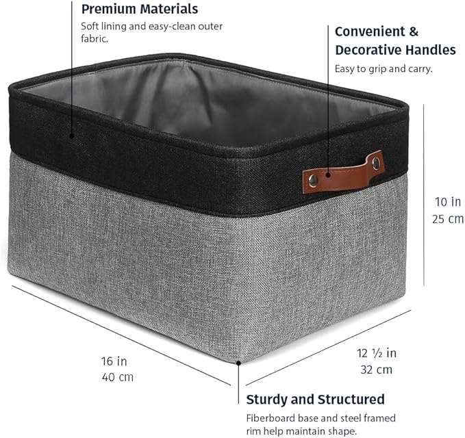 OrganiHaus Extra Large Fabric Storage Baskets for Shelves 3 Pack, 16x13in Closet Storage Bins, Canvas Baskets for Organizing, Linen Closet Organizers, Cloth Basket, Gray/Black