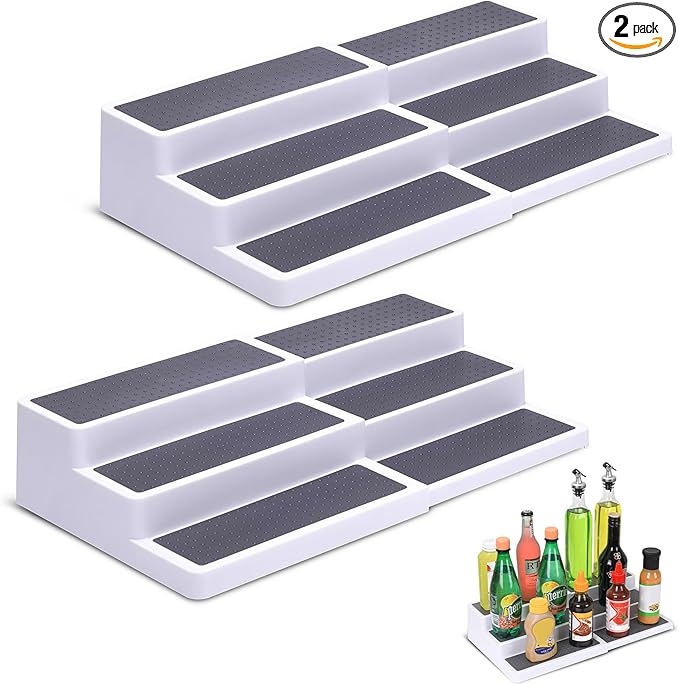 3-Tier Expandable Spice Rack, Plastic Spice Rack Organizer for Cabinet, Adjustable Length, Non-Skid Spice Shelf Organizer for Kitchen Cabinet, Countertop or Pantry, 2 Pack, White/Grey