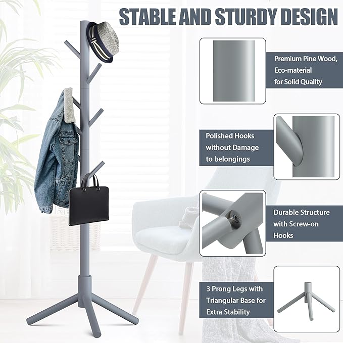 Haddockway Wooden Coat Rack Stand with 8 Hooks New Zealand Pine 3 Adjustable Coat Standing Tree Easy Assembly for Coats, Hats, Scarves and Handbags for Entryway, Hallway, Bedroom, Office