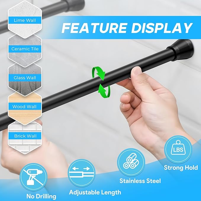 Small Tension Rod Black Spring Curtain Rod No Drilling Spring Tension Rods 1pack Adjustable Curtain Rod Tension for Bookshelf Diy Projects Kitchen, Cupboard,Tension Rod 16 to 26 Inch