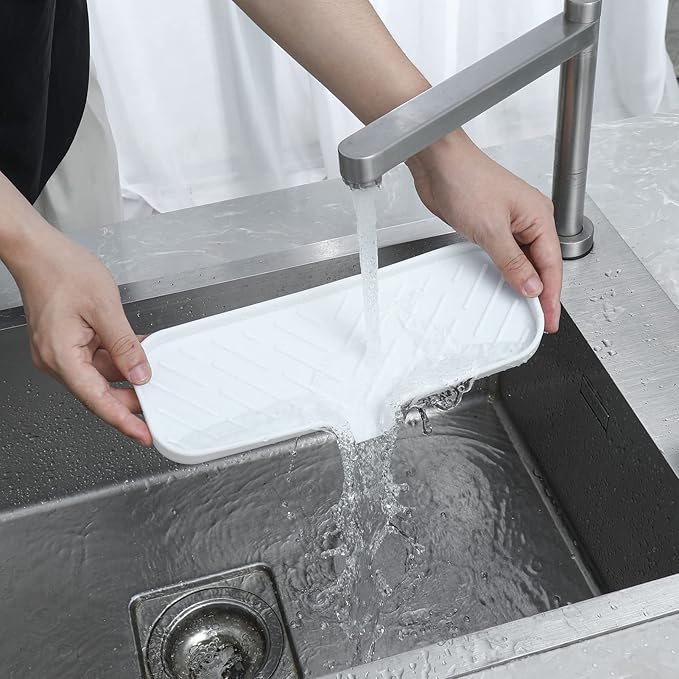 MicoYang Silicone Soap Dish with Drain Spout — Self-Draining Double Sink Organizer Tray for Kitchen & Bathroom, Dispensers, Sponges & Soap Holder, Non-Slip & Dishwasher Safe, White (Large, 12"×4")