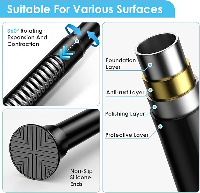 1Pcs Tension Curtain Rod 31 To 76 Inch Black Shower Curtain Rod No Drilling Adjustable Spring Loaded Curtain Rods 7/8"Diameter Shower Rods For Bathroom Windows Bedroom Closet Doorway Door