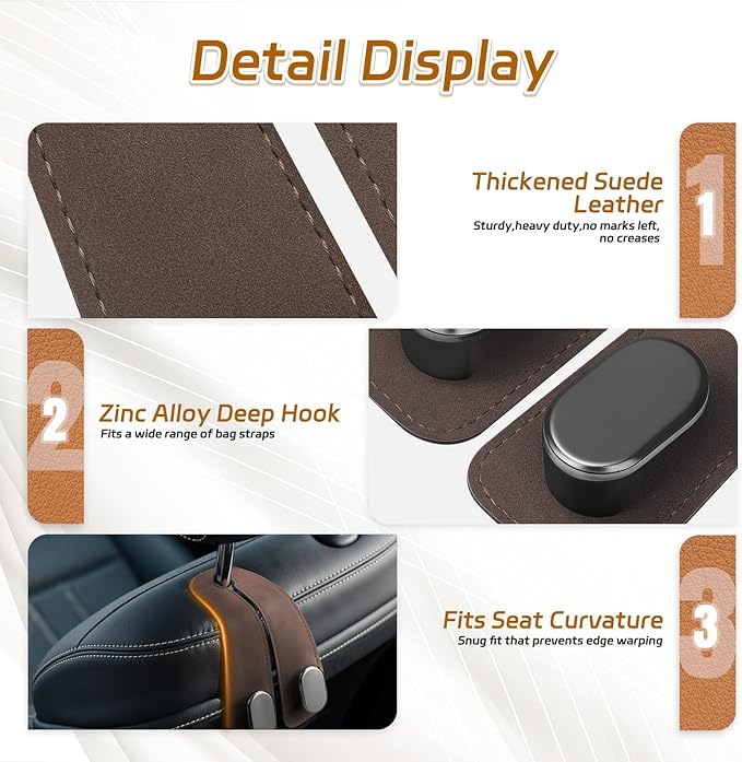Car Seat Headrest Hooks - 2 Pack Universal Car Purse Hook, Leather Car Bag Purse Holder with Double Metal Hooks for Handbags, Grocery Bags, Bottles, Phones