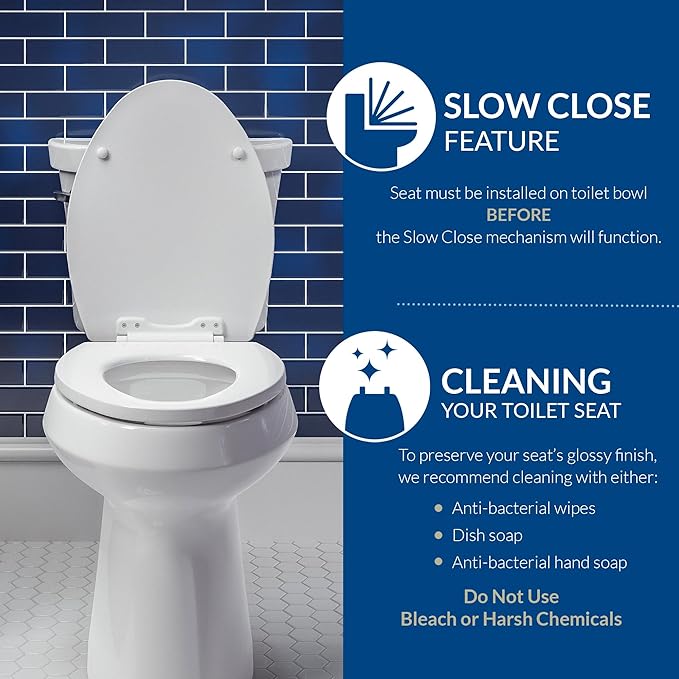 Mayfair Cassel Slow Close Toilet Seat, Easy Clean, Non Slip Premium Wood Seat, Easy Install, Made in USA, Round, White, 4-Pack