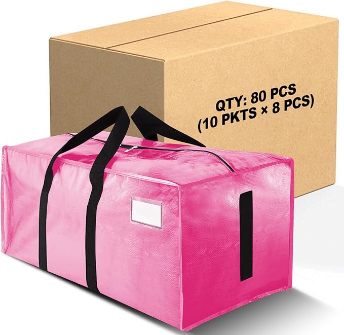 80 Pack Large Strong Moving Bags with Zippers & Carrying Handles - Water-Resistant - Heavy Duty Storage Tote for Space Saving, Fold Flat, Alternative to Moving Box (Pink)