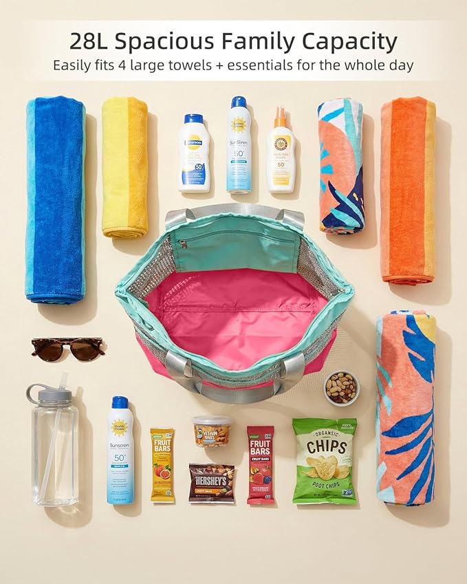Large Mesh Beach Bag for Women - 28L Oversized Foldable Tote with Waterproof Sandproof Bottom plus Zipper and 7 Pockets Lightweight Packable Pool Bag for Swim Cruise Travel and Vacation