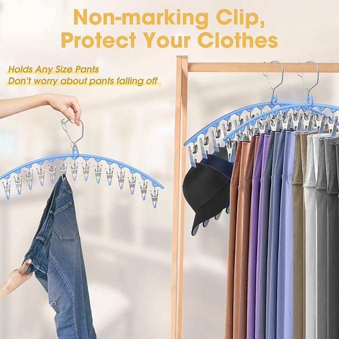 3 Pack Skirt Pants Hangers with Clips, Legging Organizer for Closet Hanging with 10 Cilps Holds 30 Leggings/Shorts/Jeans/Skirts Pants Hangers Space Saving Closet Organizers and Storage, Blue