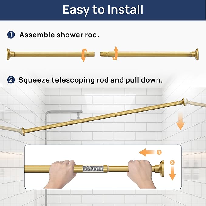 ENJOYBASICS Shower Curtain Rod 30 to 88 Inches, 1 Inch Stainless Steel Adjustable Spring Tension Rods No Drill for Bathroom, Closet, Window, Room Divider, Never Rust, Non Slip, Gold