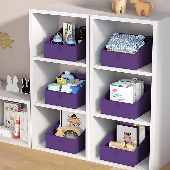 DIMJ Closet Storage Bins 8 Pack - Fabric Trapezoid Closet Organizer Bin, Foldable Storage Baskets for Shelves, Closet Shelf Organizer, Clothing Storage Box for Toys, Books, Towel, Clothes, Purple