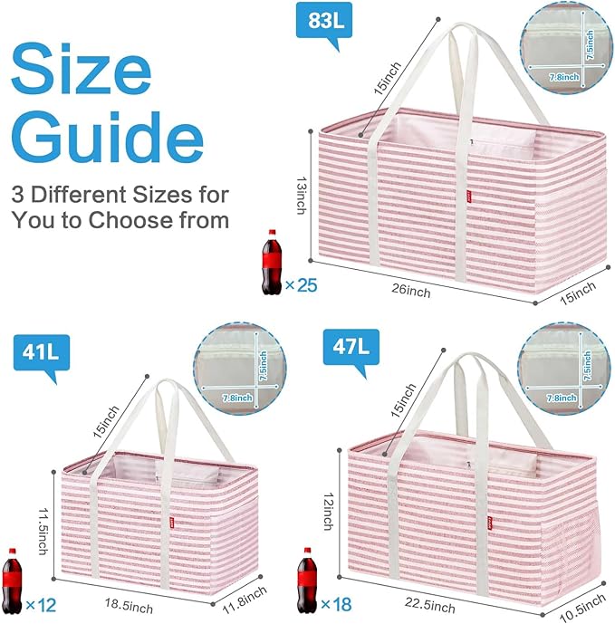 LHZK Standing Extra Large Utility Tote Bag with Metal Wire Frame and the Sides Rinforced, Extra Large Tote Bag with Handle, Reusable Grocery Bags Foldable, Beach Bag, Car Tote (Pink) | Metal Wire Frame