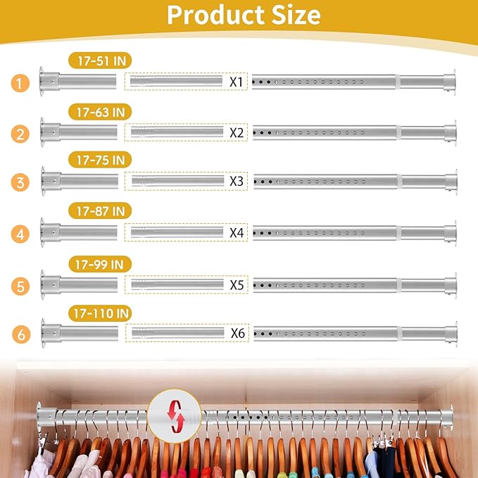 Closet Rod, 17 to 51 Inch Closet Rod for Rugged Durability, 1.3 Inch Diameter Heavy Duty Closet Rods for Hanging Clothes, Splicing Adjustment, Premium Metal Silver Closet Poles for Wardrobes