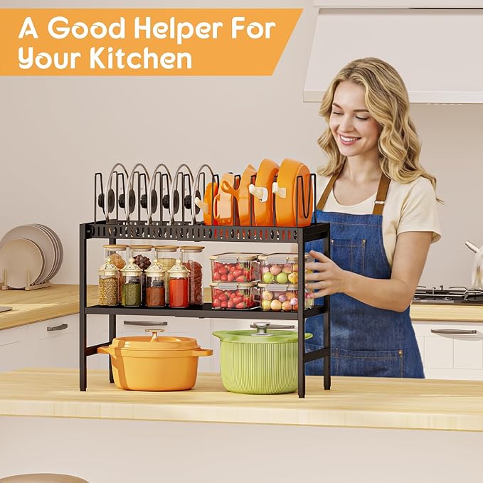 2-Tier Pots and Pans Organizer Under Cabinet,Expandable Pots Lid Organizers Inside Cabinet,Adjustable Metal Storage Shelves Organizer Rack with 10 Dividers For Kitchen Pantry Organization and Storage