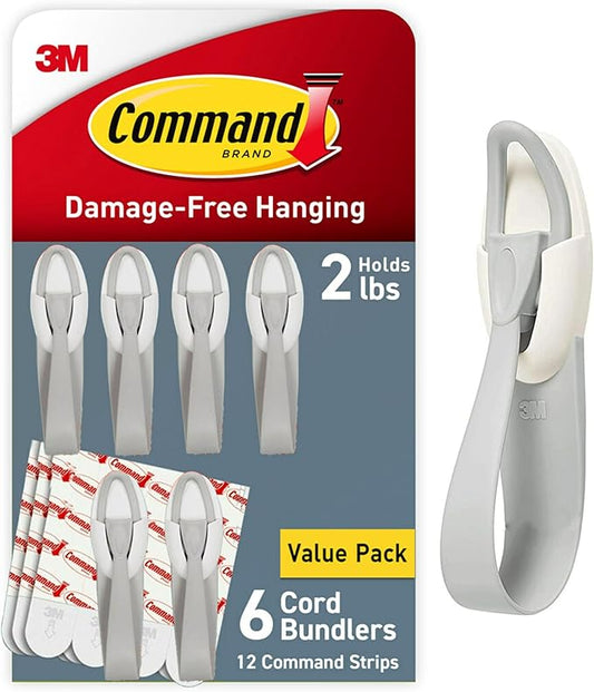 Command Cord Bundlers, Damage-Free Hanging Cord Organizer, No Tools Cord Bundler for Hanging Electrical Cables, 6 Gray Cord Bundlers and 12 Strips