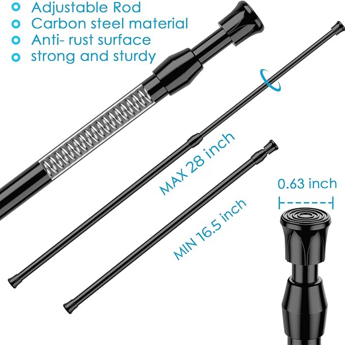 Black Tension Curtain Rod 16.5-28 inch Spring Tension Rod Adjustable Spring Rod Extendable Tension Rod for Kitchen, Bathroom, Window, Bookshelf