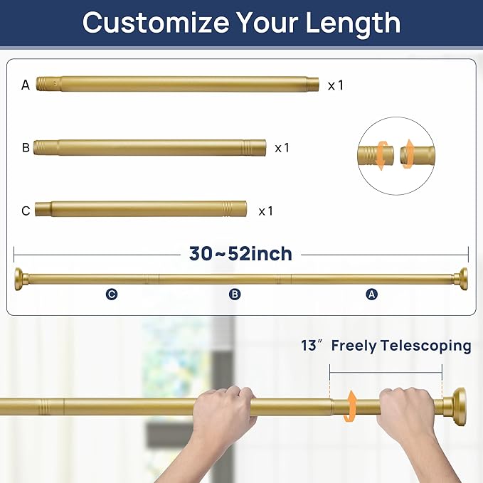 ENJOYBASICS Shower Curtain Rod 30 to 52 Inches, Stainless Steel Adjustable Spring Tension Rods No Drill for Bathroom, Closet, Window, Room Divider, Never Rust, Non Slip, Gold