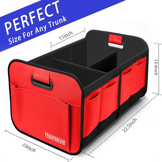 Homeve Trunk Organizer, Car Storage, Reinforced Handles, Collapsible Multi-Compartment, Foldable, Waterproof, Sturdy, 600D Oxford Polyester For Car, SUV, Mini-Van, Red, 2 Compart | Collapsible