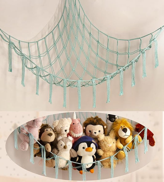 Stuffed Animal Hammock-Large Stuffed Animal Net For Toys Corner-Hanging Stuff Animal Toy Storage Organizer For Plush Plushie Display Light Blue Girl Room Bedroom Boho Nursery Decor Toy Storage