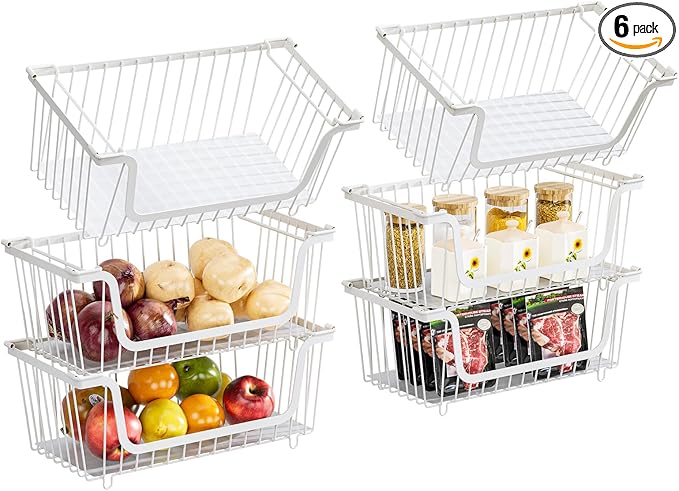 GAOKASE 6 Pcs Stackable Wire Baskets for Pantry Organizers and Storage,Vegetable Fruit Basket for Countertop,Kitchen Storage Metal Baskets,Produce Potato Onion Storage Bin,White