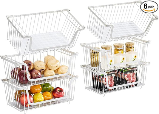 GAOKASE 6 Pcs Stackable Wire Baskets for Pantry Organizers and Storage,Vegetable Fruit Basket for Countertop,Kitchen Storage Metal Baskets,Produce Potato Onion Storage Bin,White