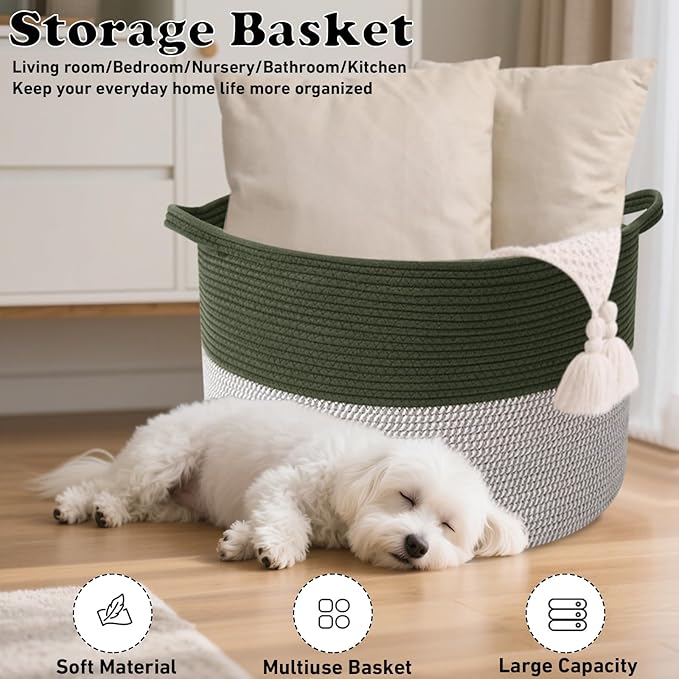 90L Extra Large Blanket Basket,Rope Woven Storage Basket with Handles, Laundry Hamper for Toys, Clothes, Pillows & Towels, Perfect for Living Room, Nursery & Bedroom,Green&White