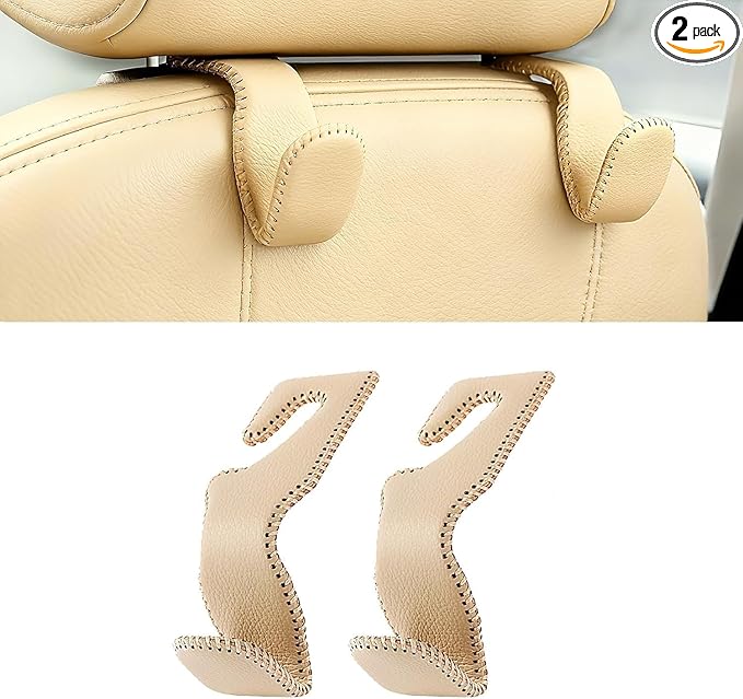AMVOYOA Headrest Hooks for Purses and Bags, Car Back Seat Headrest Hanger Vehicle Beige Leather Storage Hook, Pack of 2
