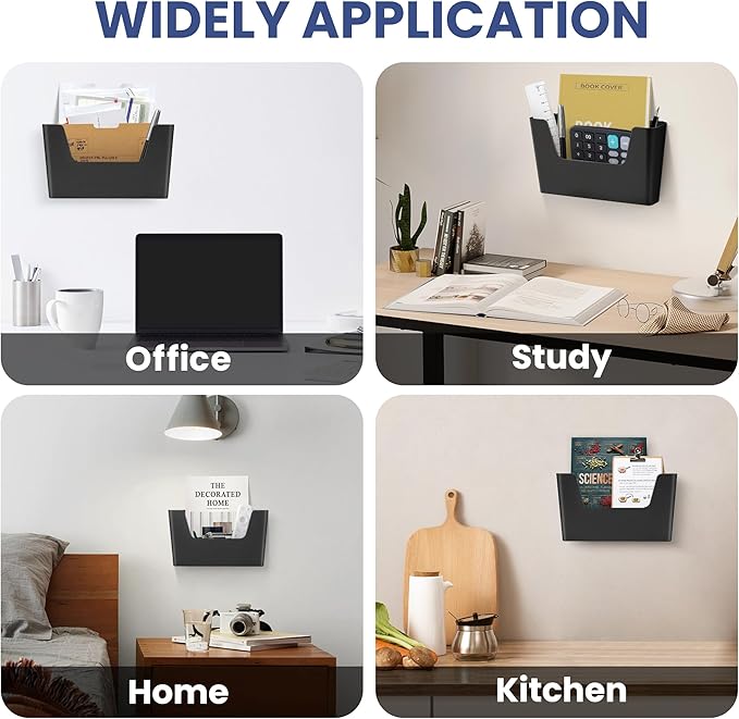 JOMOLA No Drilling File Holder 5 Pack Mail Organizer Wall Mount File Organizer Holder Office Wall Hanging Files Magazines Organizer Plastic Door Mount Wall Pocket with Adhesive Pad, Black Color