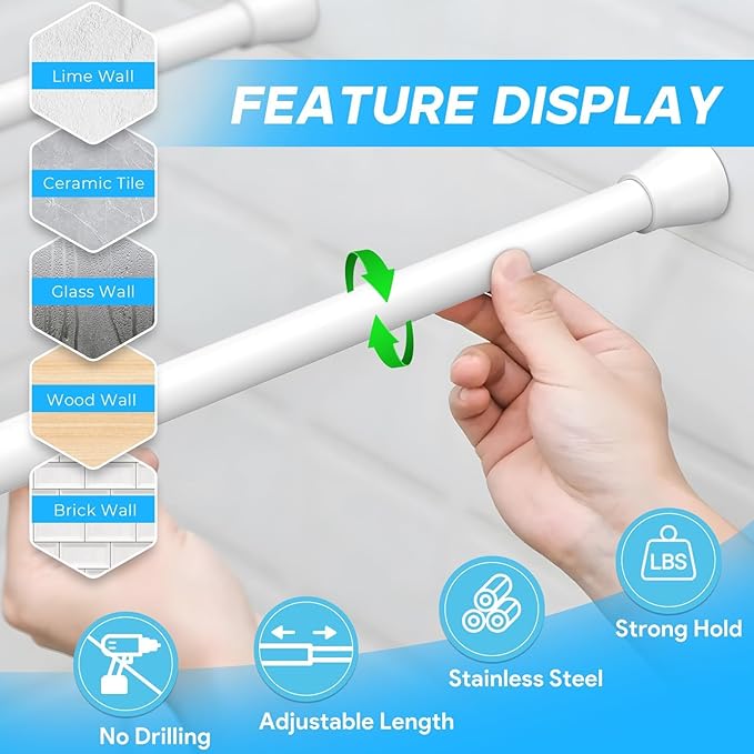 Small Tension Rod 16 to 26 Inch White Spring Curtain Rod No Drilling Spring Tension Rod 4pack Adjustable Curtain Rod Tension for Bookshelf Diy Projects Kitchen, Cupboard,Tension Rod