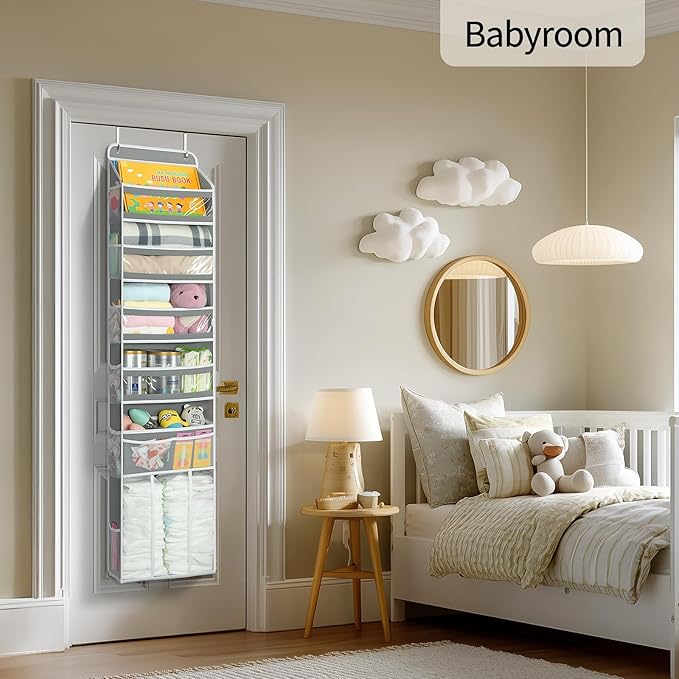 Yecaye 6 Tier Over the Door Organizer with Detachable Bin, Stuffed Animal Storage with Clear PVC Windows, Door Organizer Hanging for Bedroom Nursery Closet Dorm Room Laundry Pantry Bathroom, Grey