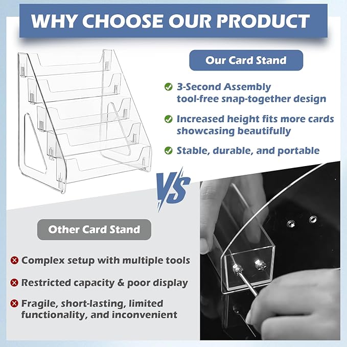 CELSOL 2 Pack Upgraded 5 Tier Acrylic Card Display Stand, Clear Display for Greeting Cards, Sports Cards, Postcards, Stickers & Brochures, Easy Snap-On, Increased Height & Thickness for Better Presentation