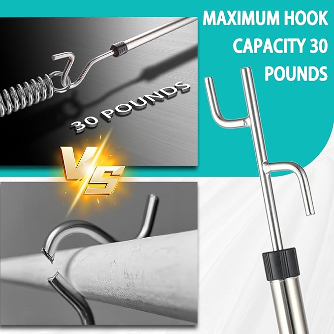 Clothes Hook Pole for Closet,32 to 80In Truck Cargo Recovery Bar Long Handle with 2 Hooks Hanging Birdfeeder and Wind Chime Stainless Steel Tube for Home Outdoor Decorations (Black)