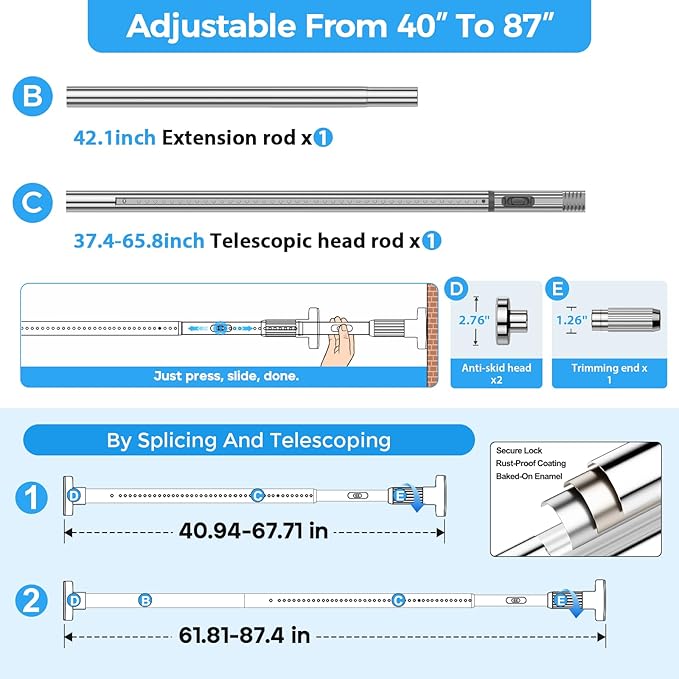 AIZESI 41-86 Inch Heavy Duty Silver Tension Curtain Rod - No Drilling, Adjustable, Rust-Proof for Outdoor, Living Room, Bathroom