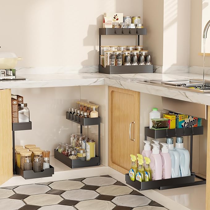 Simple Trending 2 Tier Under Sink Organizers and Storage, Multi-Purpose Pull Out Bathroom Cabinet Organizer, Stackable Kitchen Pantry Organization, Black, 2 Pack