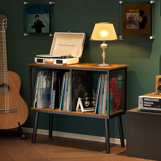 Record Player Stand with Adjustable Divider Vinyl Storage Holder Up to 200 Albums Mid-Century Large Record Player Table Vinyl Holder Turntable Stand End Table for Bedroom & Living Room, Patent Pending