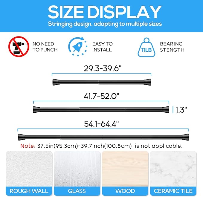 Tension Curtain Rod Black 4PCS Tension Rods for Windows 30 to 64 Inch Spring Curtain Rod Adjustable Tension Rod Tension Curtain Rod of Bathroom Window Curtain Rod Closet rod Kitchen rod Wardrobe