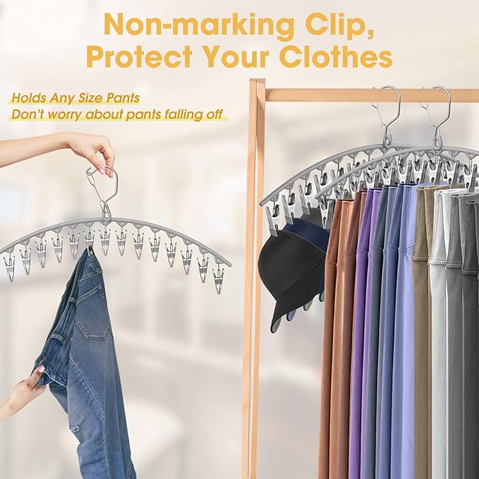3 Pack Skirt Pants Hangers with Clips, Legging Organizer for Closet Hanging with 10 Cilps Holds 30 Leggings/Shorts/Jeans/Skirts Pants Hangers Space Saving Closet Organizers and Storage, Grey