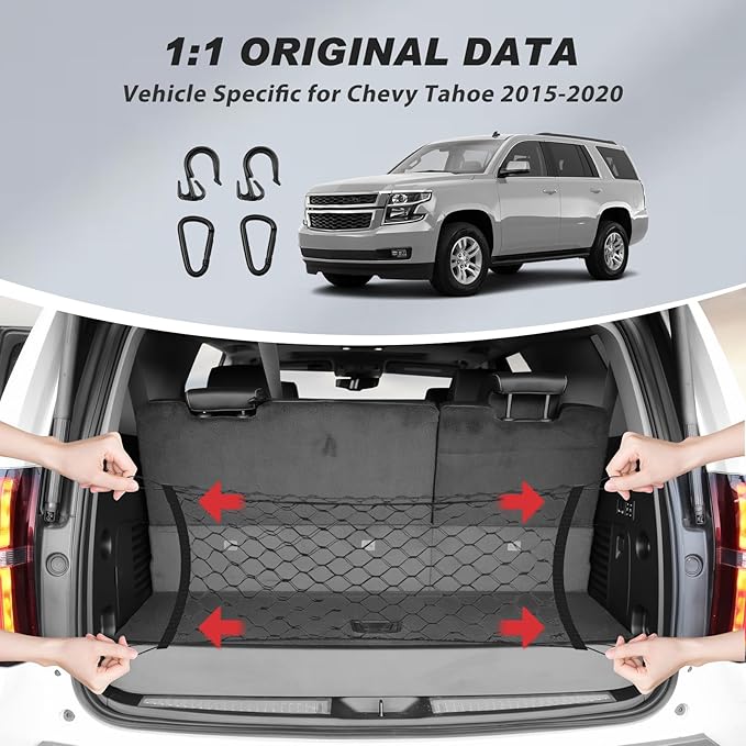 Karltys Cargo Net for Chevy Tahoe 2015-2020 Trunk Net | Envelope Style Elastic Mesh Net | Heavy Duty Metal Hooks | Chevrolet Tahoe Accessories