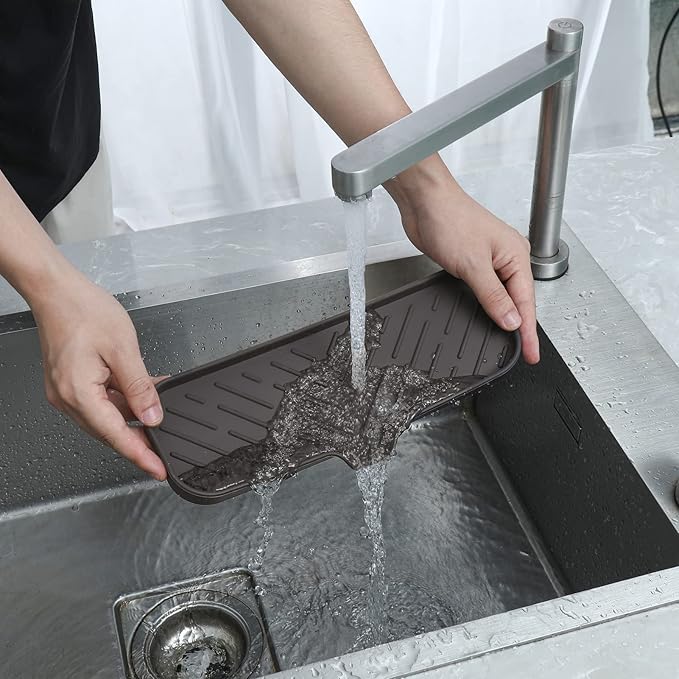 MicoYang Silicone Soap Dish with Drain Spout — Self-Draining Double Sink Organizer Tray for Kitchen & Bathroom, Dispensers, Sponges & Soap Holder, Non-Slip & Dishwasher Safe, Coffee (Large, 12"×4")