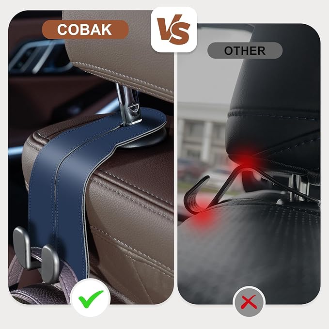 CoBak Purse Hook for Car - Universal Premium Stitched Leather and Aluminum-Magnesium Alloy Double Car Seat Back Storage Hook for Purses, Handbags, Bags (2 Pack),Indigo Blue