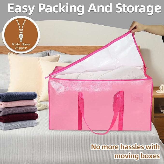 Extra Large Heavy Duty Moving Bags - Waterproof Storage Totes with Reinforced Handles & Zippers, Foldable for College Dorm Essentials, Clothes Storage & Travel (4-Pack Pink)